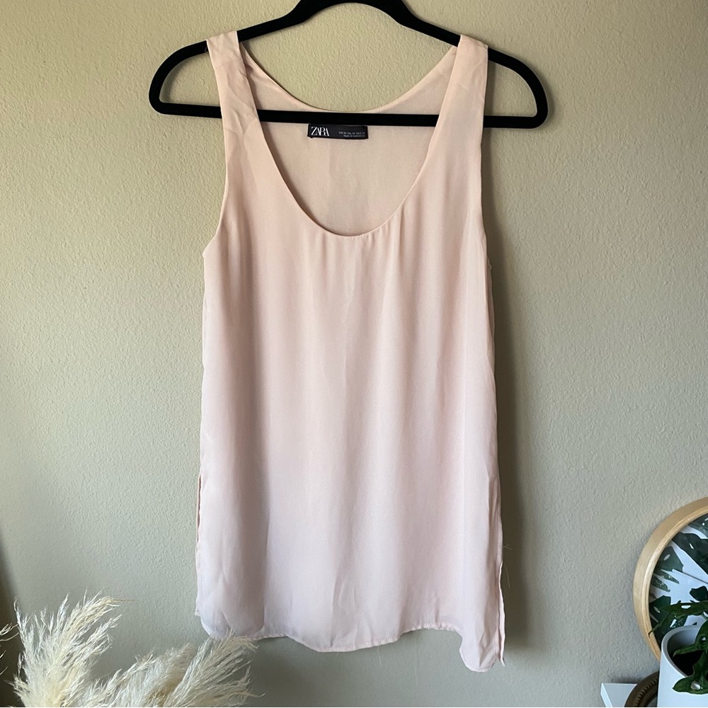 Zara Blush Pink Semi Sheer Double Lined Flowy Tank Top Sleeveless Blouse